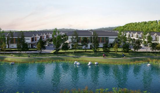 An artist’s impression of a calm waterway with greenspace and a walking trail running alongside, with three rows of modern houses extending out from the edge of the greenspace.