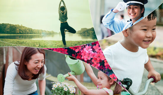 A collage including a person doing yoga in a park, a mother and daughter gardening together, and a smiling child riding a bicycle
