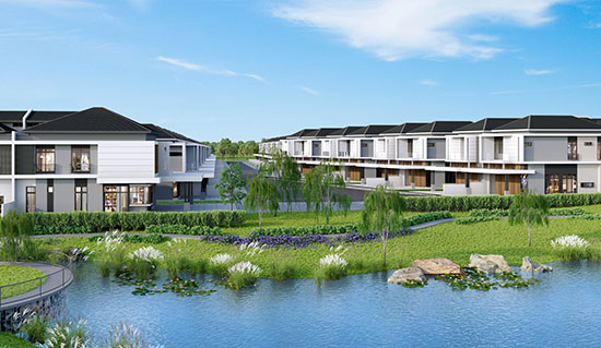 Cluster homes next to lake and viewing platform
