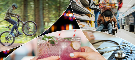 A collage including a child riding a mountainbike through a forest, a family grocery shopping together, two people toasting pink beverages, and a doctor’s office