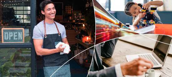 A collage including a smiling shopowner standing at the entrance to a cafe, a child playing with toys, and a businessperson working on a laptop in a cafe