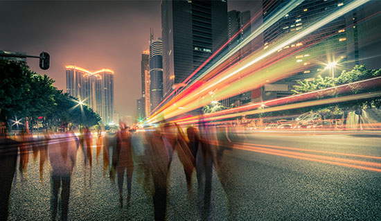 Timelapse image of a busy city street