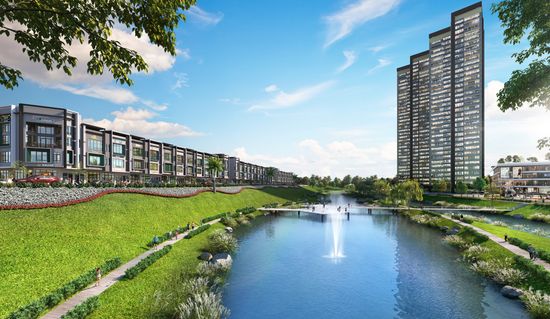 An artist’s impression looking down a wide, calm river spanned by a pedestrian footbridge, with a retail building on the left side and several tall apartment buildings on the opposite side.