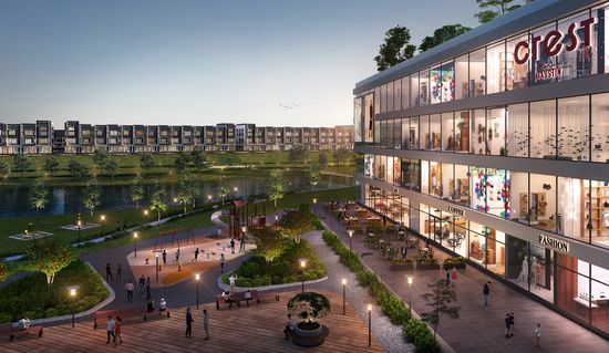 An artist’s impression of a well-lit modern retail precinct at dusk, with a wide public area in front including a children’s playground and wooden public square, and outdoor dining areas in front of one of the retail properties. A wide, calm river can be seen nearby with a footbridge connecting to a row of 3-storey modern apartment buildings.