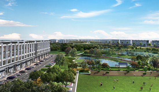 An artist’s impression of a multi-storey retail building with multiple shopfronts overlooking wide, lush parklands with several lakes, walking trails and lawns.