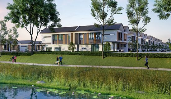 An artist’s impression of calm waterway with people walking and jogging alongside it, with a row of modern houses extending out in the background.