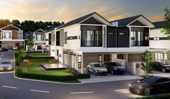 An artist’s impression of two joined townhouses each with a balcony and several cars parked in the wide driveways below, situated on the corner of a quiet street.