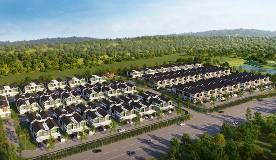 An artist’s impression of three rows of modern houses seen from above, showing the expansive greenspaces surrounding the neighbourhood and calm lake next to the houses.