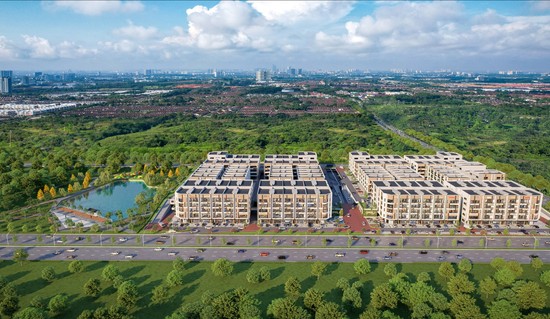 An artist’s impression of well connected modern business park situated amongst greenery and a clear blue lake.