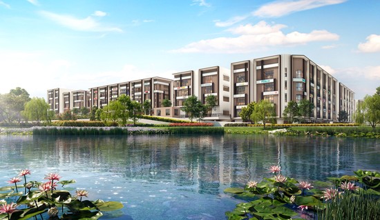 An artist’s impression showcasing a view across a clear blue lake to Opal Business Park.