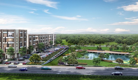 An artist’s impression of well connected modern business park situated amongst greenery and a clear blue lake.