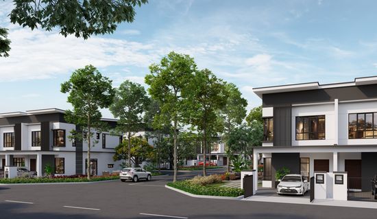 An artist’s impression of a row of modern townhouses seen from across the road. The street is calm and tree-lined, and another row of townhouses can be seen in the distance.