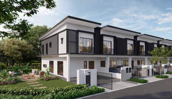 An artist’s impression of a row of modern townhouses along a quiet tree-lined street in the Pearl release at Crest@Austin.