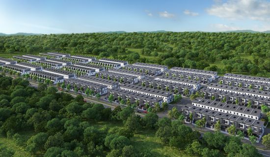 An artist’s impression of an aerial view of rows of modern townhouses lining quiet streets, with vast, lush greenery surrounding the entire area.