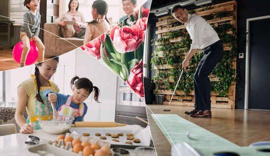 A collage including grocery bags of fresh produce and bread, a modern city street, children drawing in a classroom, and a couple sharing a pasta dish in a restaurant