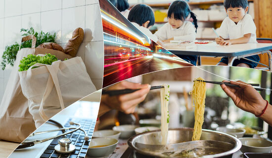 A collage including a family socialising in a living room, a mother and daughter cooking together, and a man playing mini-golf in a modern house