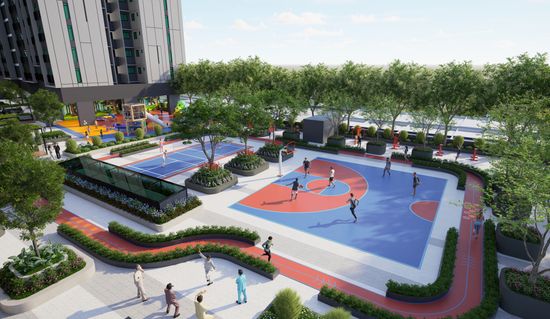 An artist’s impression of communal basketball courts and exercise areas in the Topaz precinct at Crest@Austin.