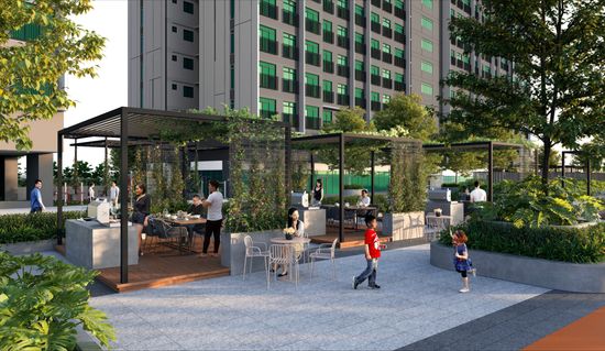 An artist’s impression of an outdoor residents’ barbeque area in the Topaz precinct at Crest@Austin.