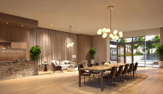 An artist’s impression of a modern residents’ dining space in the Topaz precinct at Crest@Austin.
