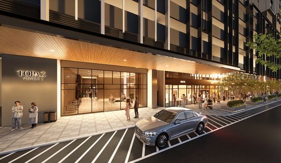 An artist’s impression of a dedicated vehicle drop-off area at an entrance to one of the towers of the Topaz precinct at Crest@Austin.