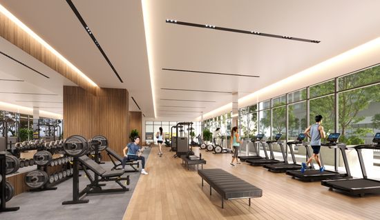 An artist’s impression of the residents’ fitness centre in the Topaz precinct at Crest@Austin, with several treadmills and cycle machines lining the full-height glass walls and a wide exercise and weights area in the middle of the space.