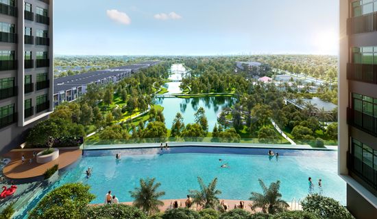 An artist’s impression of the elevated swimming pool high in the the Topaz precinct at Crest@Austin, with the nearby parklands seen stretching out from beyond the pool towards the city skyline in the distance.