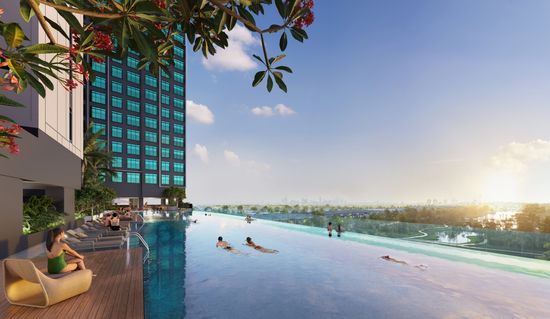 An artist’s impression of the elevated swimming pool high in the the Topaz precinct at Crest@Austin, with the nearby parklands seen stretching out from beyond the pool towards the city skyline in the distance.