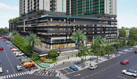 An artist’s impression of the lower floors of the Topaz precinct tower at Crest@Austin, with numerous stores and retailers along the base of the towers.